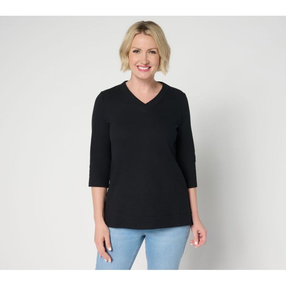 Denim & Co. Women's Top Sz S Essentials Waffle Knit Sleeve V-Neck Black